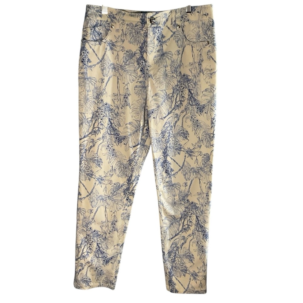 Elie Tahari Blue White Palm Leaf Parrot Print Classic 5 Pocket Pants Size 10